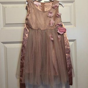 Dress, formal, girls, size 5,  beige/tan, Popatu, with tulle/sequin flowers